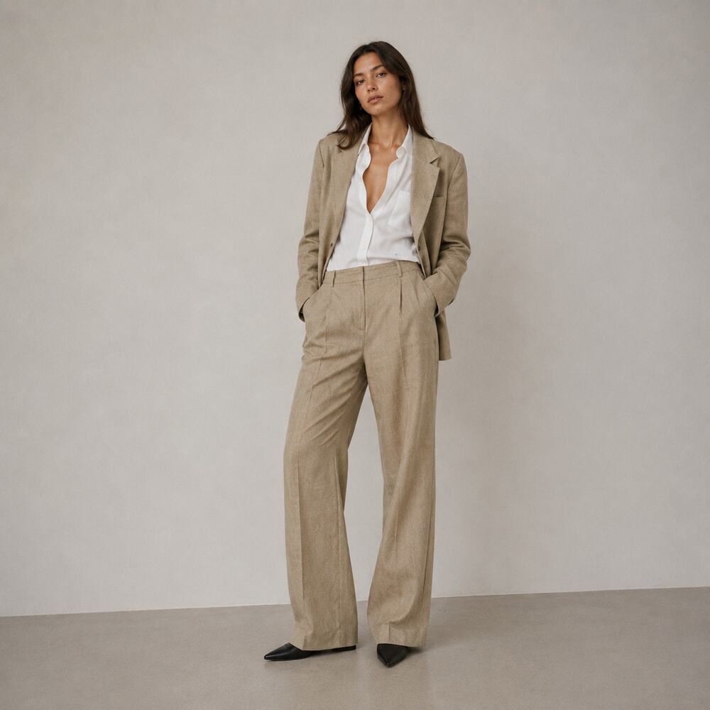 Massimo Dutti 2PC Set Tan Linen Single-breated Blazer 4 High-rise Pants 8